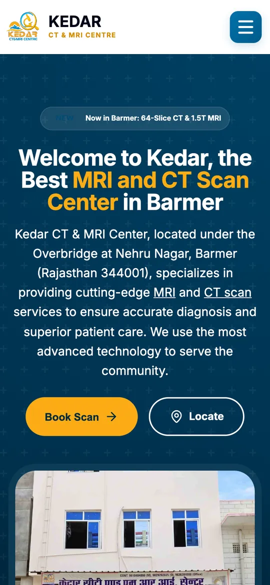 Kedar CT and MRI Centre Barmer website on a phone